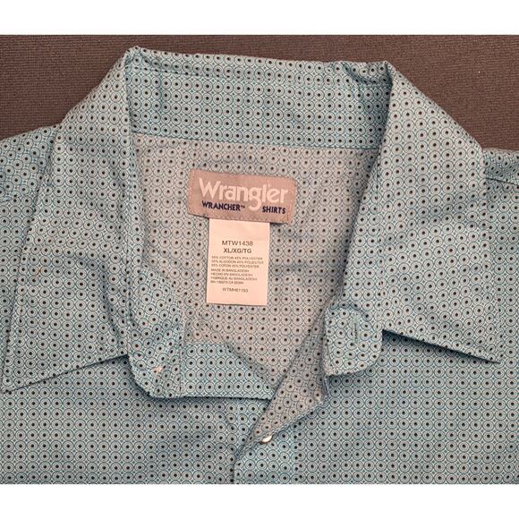 Wrangler Wrancher Men XL Shirt Button-up  Pearl Snap Aqua Circle Dot Long Sleeve - Picture 2 of 5